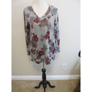 ELLEN TRACY LONG SLEEVED TOP SMALL GREY AND BURGUNDY